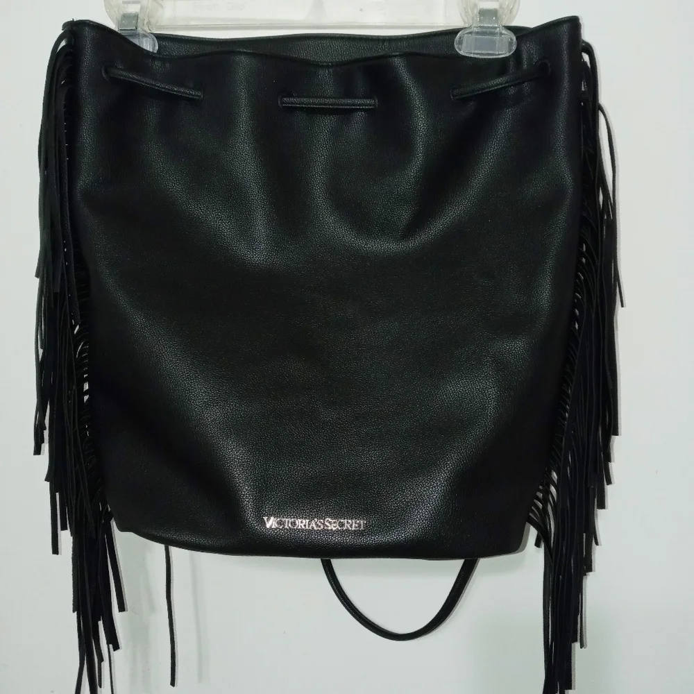 Victoria Secret black Drawstring Backpack With Fringe down both sides